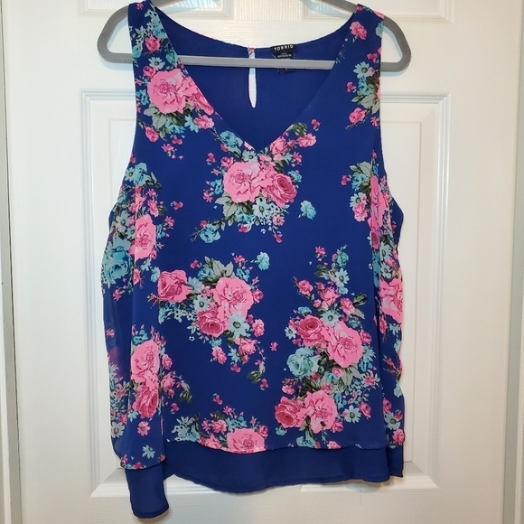 Torrid Floral Print Blue & Pink Chiffon Layered Tank Blouse Top Size 1X - Picture 2 of 8